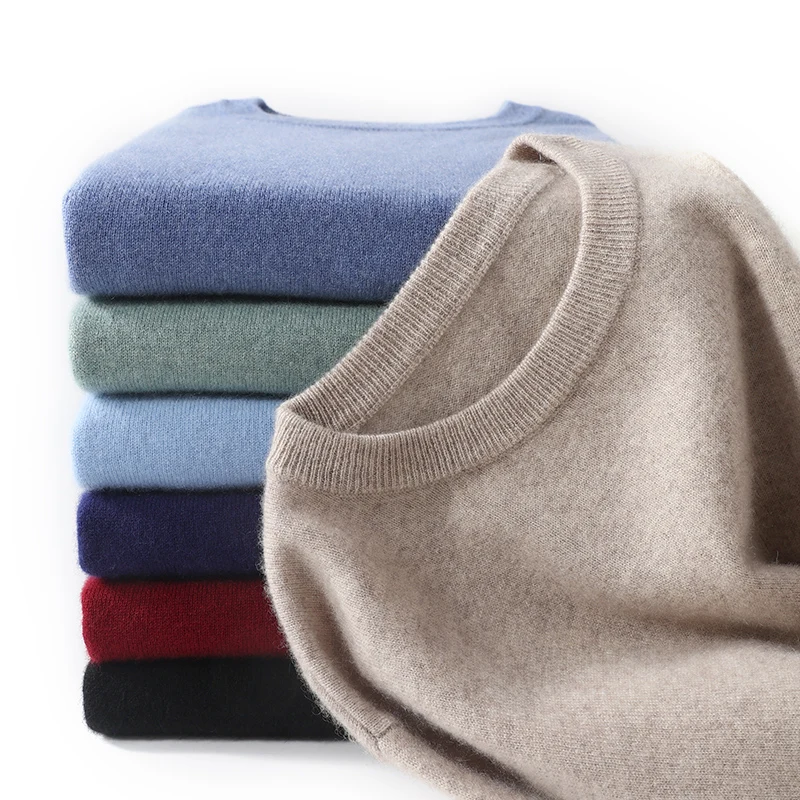 

Winter 100% Wool Men's Round Neck Thick Solid Color Sweater Business Casual Cashmere Knitting Bottoming