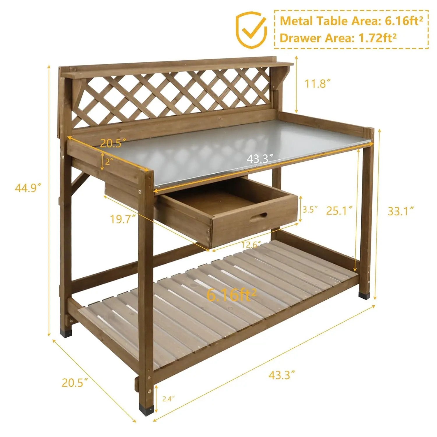 Garden Potting Bench with Metal Tabletop,Outdoor Potting Table Workstation Benches with Drawer/Storage Shelf，Fir Wood Potting