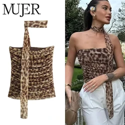 MUJER Leopard Print Crop Top Woman Ruched Tulle Corset Top Women off Shoulder Halter Top Woman Sexy Backless Tube Tops for Women
