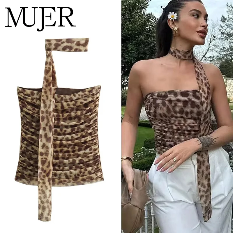 MUJER Crop Top w Leopardzi Wzór Damski Marszczony Tiulowy Gorset Top Damski Odkryte Ramiona Top typu Halter Damski Sexy Bez Pleców Top Tube dla Kobiet