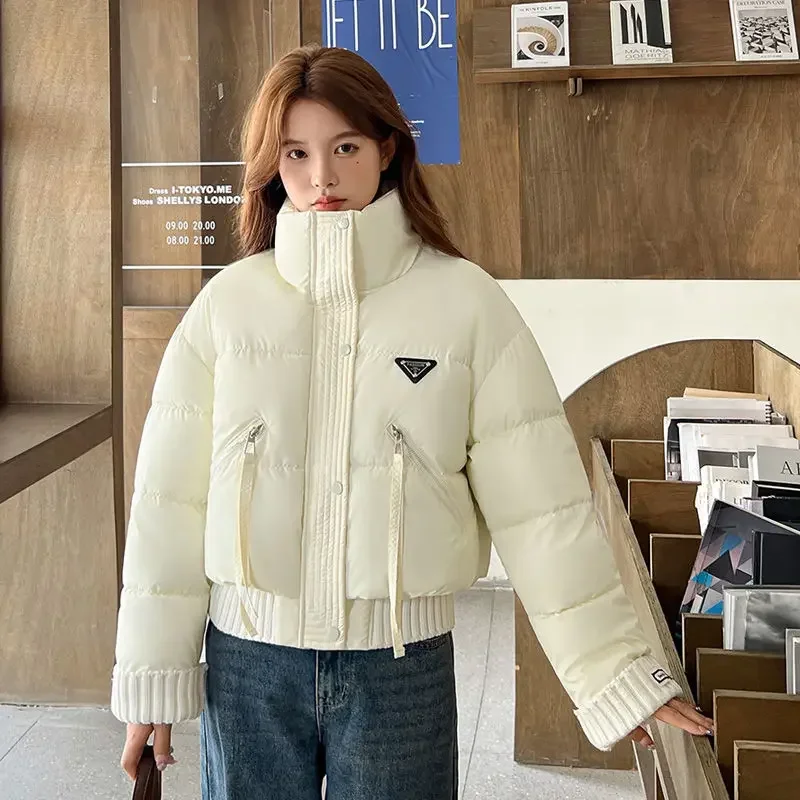 Korean Stand Collar Cropped Jacket Winter Coat Women\'s Clothing Trend Puffer Jackets Warm Streetwear Knit Patchwork Long Sleeve