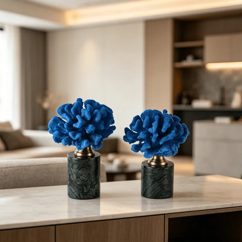 Blue Simulated Coral Figurine Statue Marble Base Resin Crafts Hotel Lobby Living Room Wall Cabinet Display Cabinet Ornaments