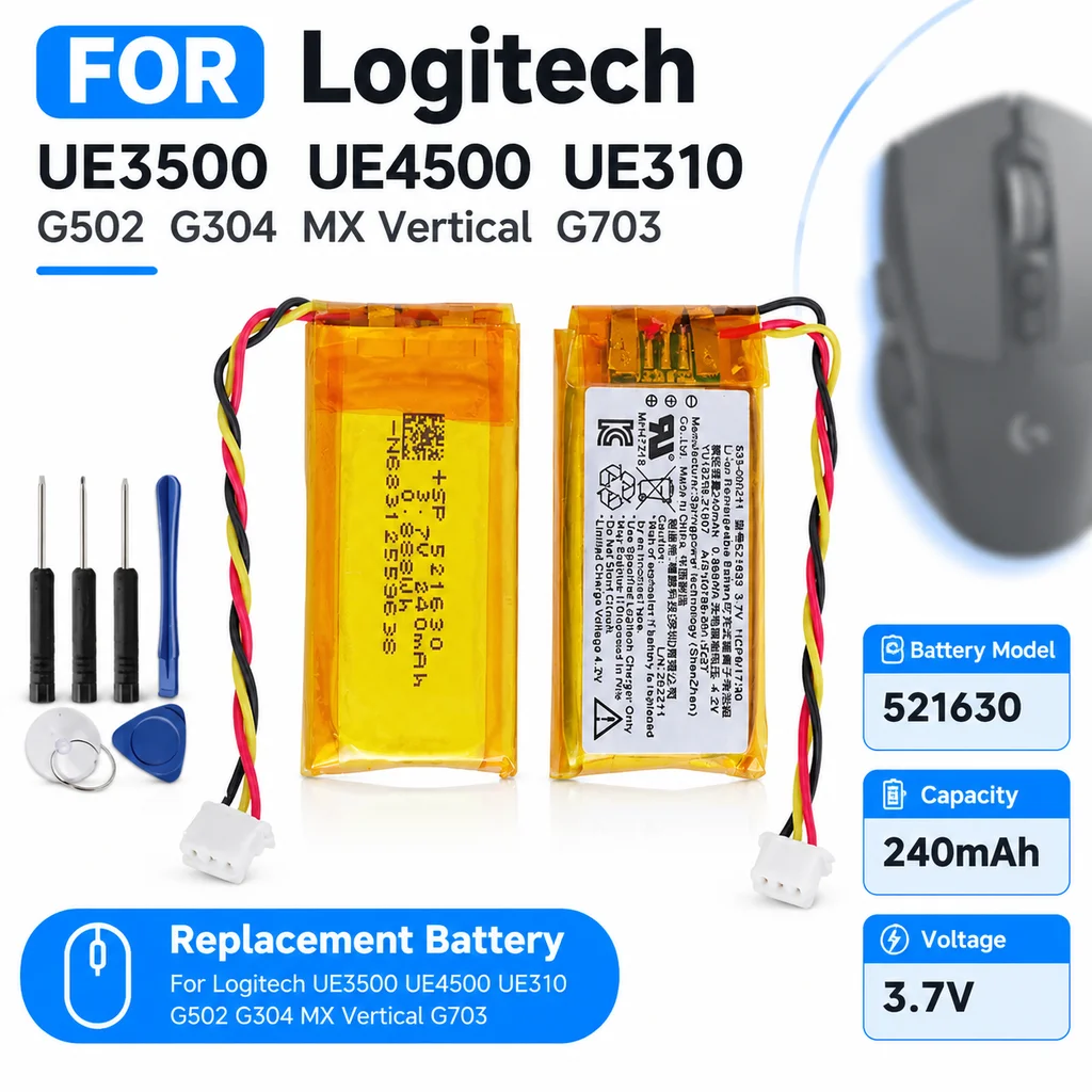 533-000211/521630 240mAh Logitech Battery for G PRO X, 304/502/703h, UE3500/UE4500/UE310, G502/G304/G703, MX Vertical Tools