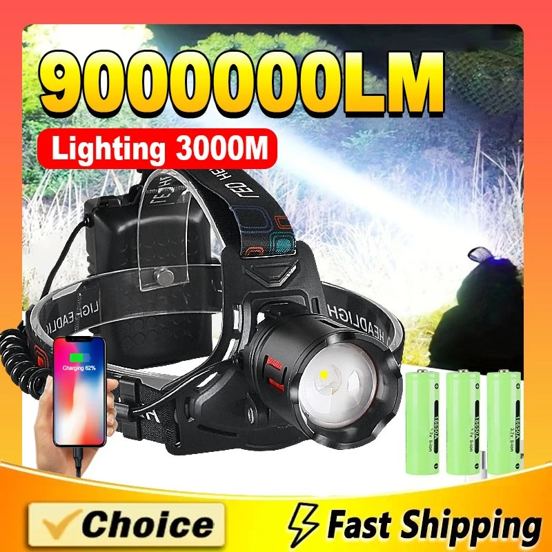 

9000000LM Ultra Powerful Headlamp Head Lantern Front Light Rechargeable Type C Professional LED Head Flashlight For Fishing