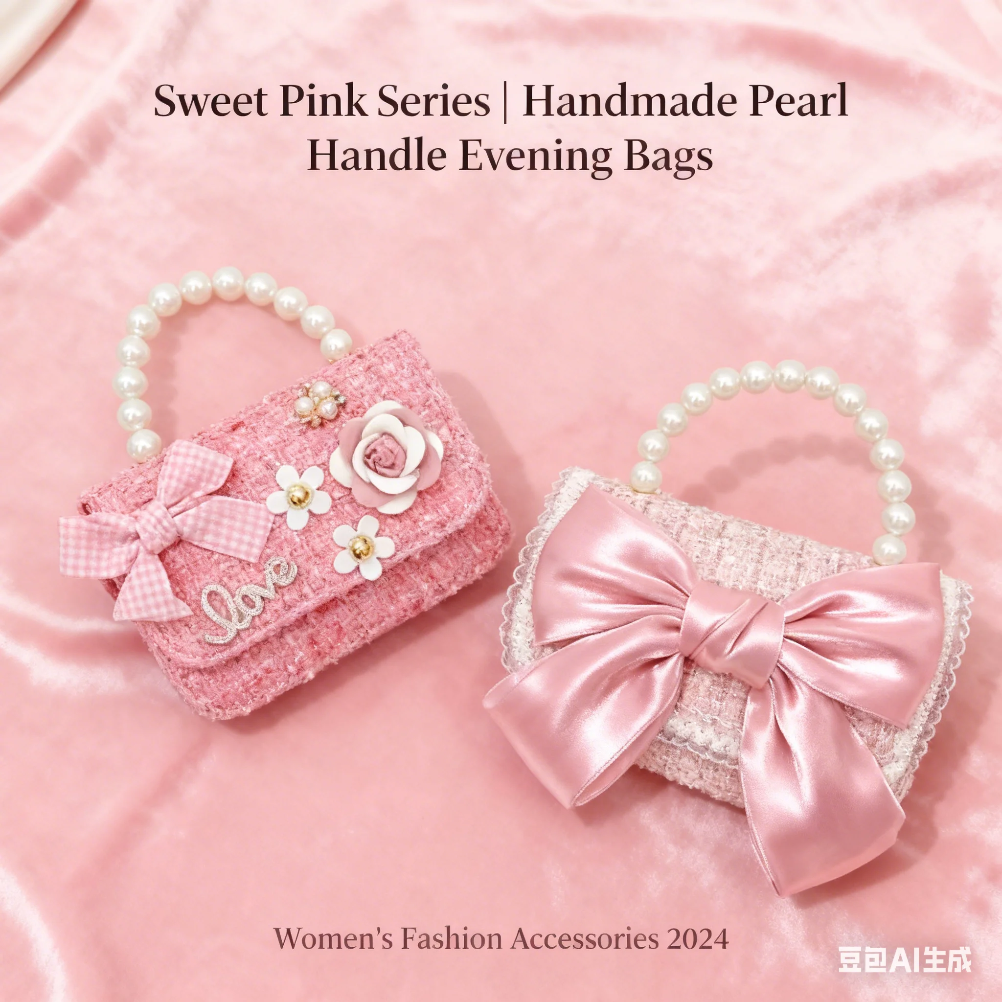 

Детская сумочка в корейском стиле, розовая, из твида, с жемчужной ручкой, для маленьких принцесс - большая сумка через плечо с бантом, декоративный аксессуар