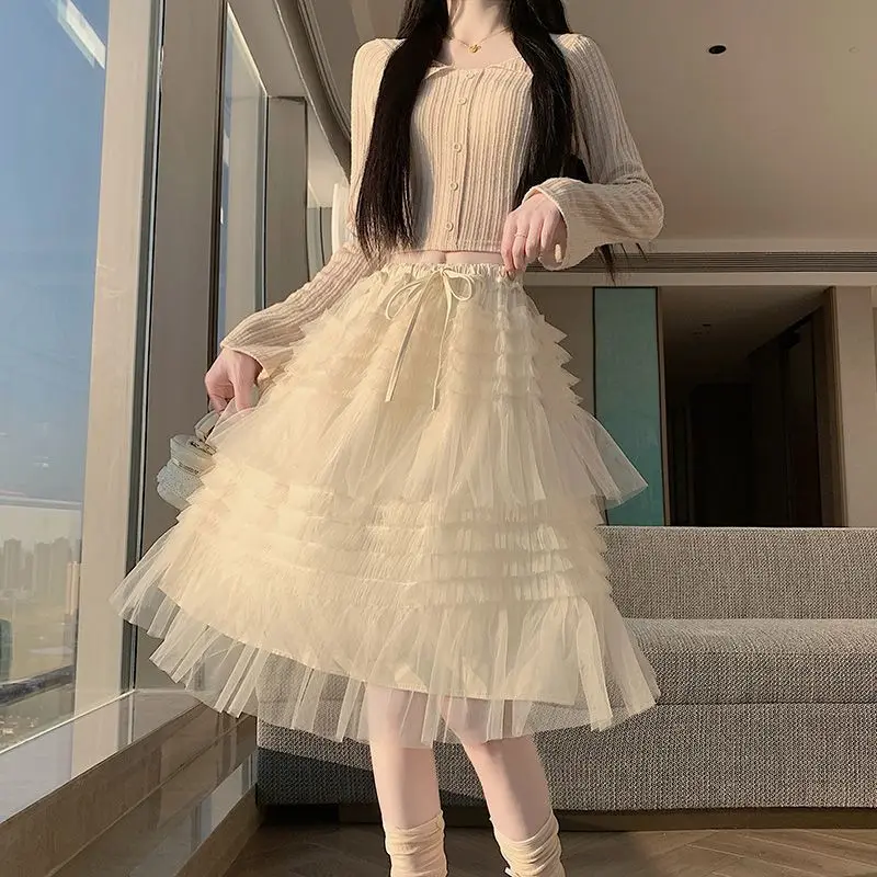 Romantic Layered Tulle Cake Skirt Spring Summer New Gentle Cream Color Fairy Half Skirt Women Casual High Waist Polyester Ela...