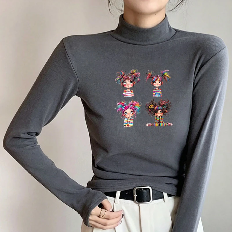 Winter Women's Thermal Brushed Fleece Half Mock Neck Long Sleeve T Shirt Curly Hair Girls Four Poses Graphic Warm Tee