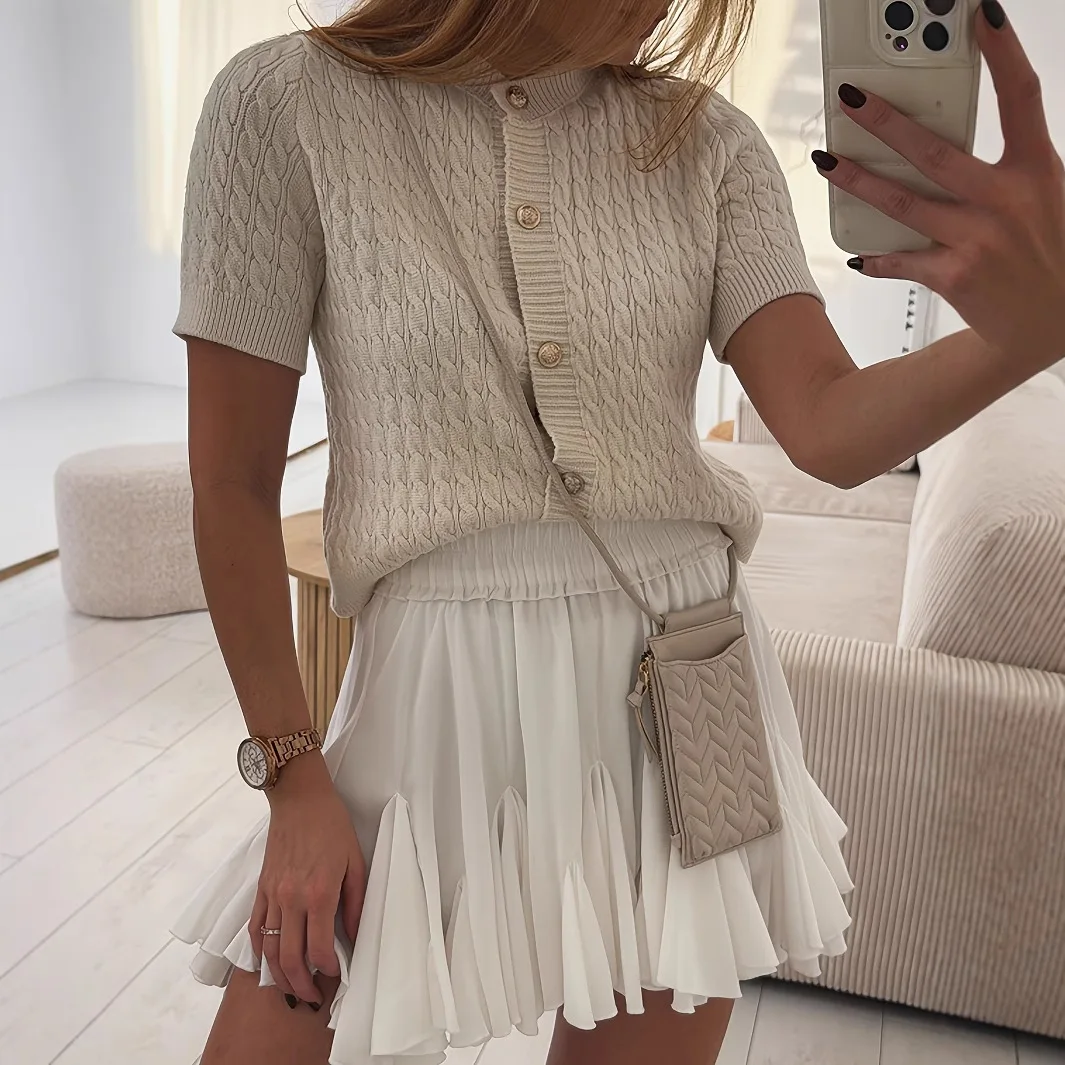 

2025 New Fashion Button Knitted Slim Short-sleeved Shirt Women Summer Casual Solid Color Round Neck Cardigan For Women