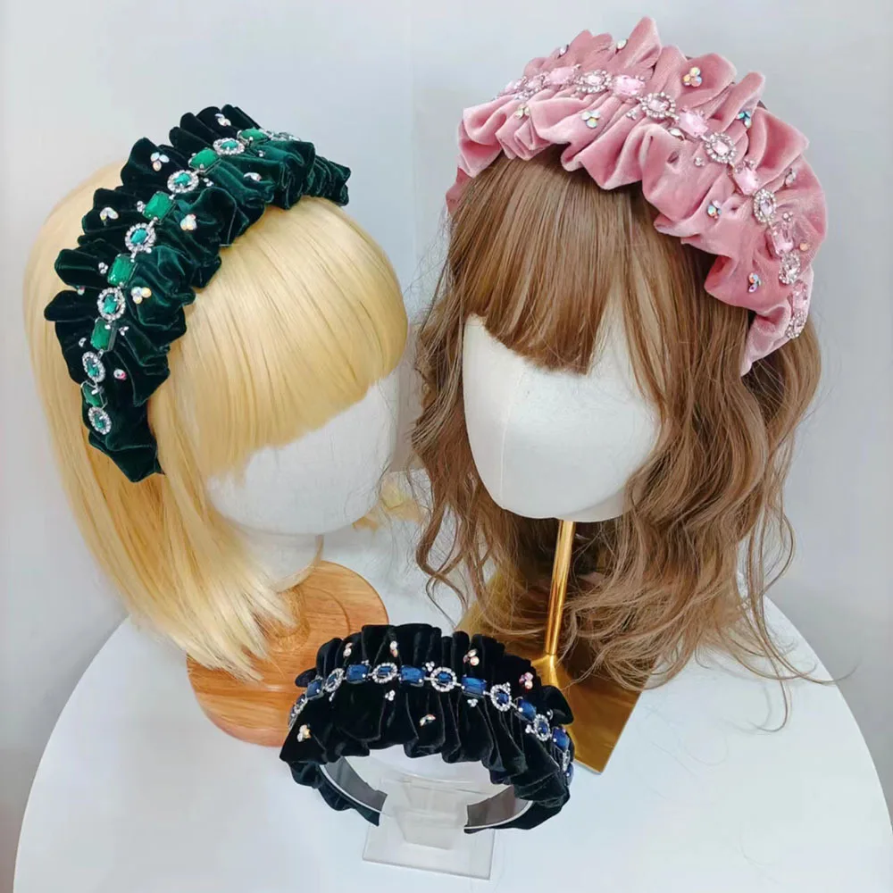 New Fashion European and American Style Baroque Diamond-Laid Headband Wide-Brimmed Pleated Flannel Headband