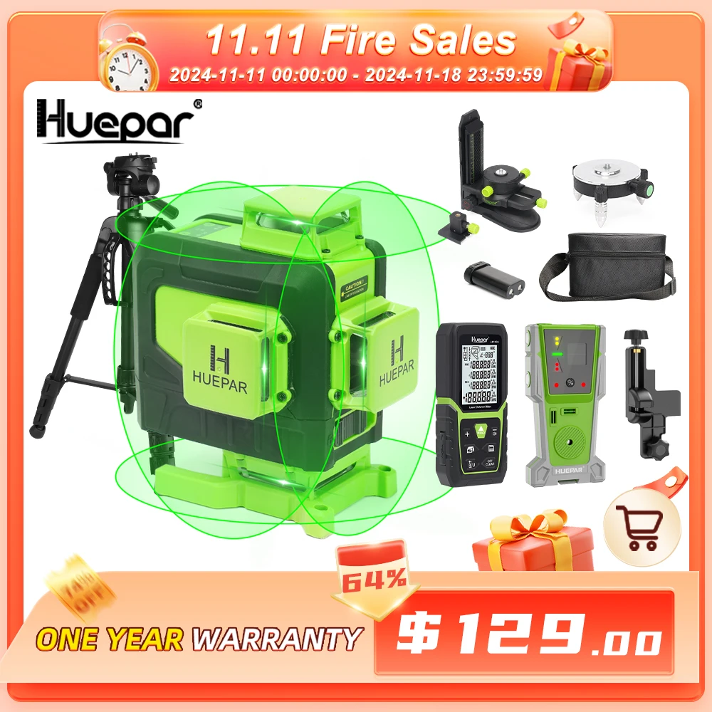 Huepar 4D Cross Line Laser Level Set 16 lines Remote Control Green Beam With Laser Receiver Tripod Rangefinder For Tiles Floor