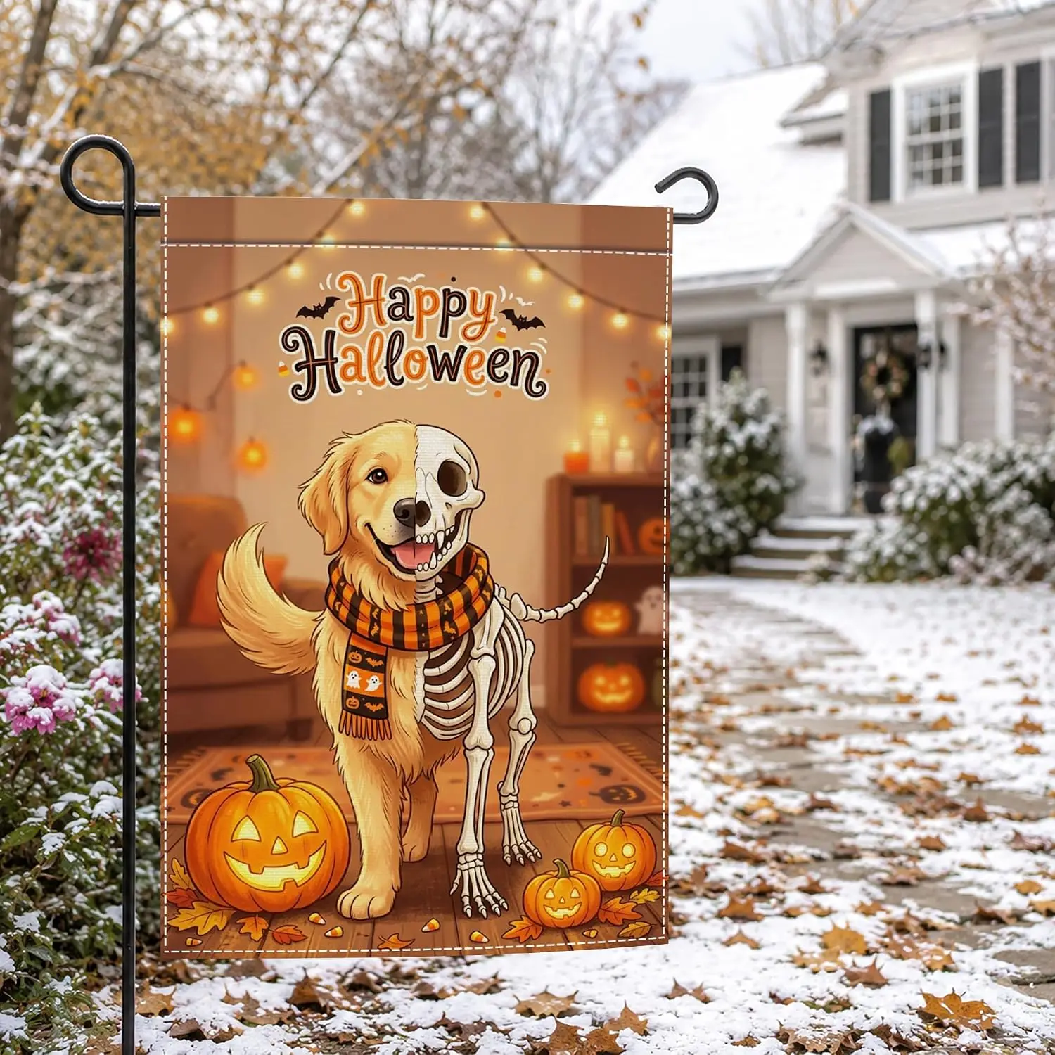 Funny Golden Retriever Skeleton Garden Flag 12x18 Inches | Double sided polyester, spooky dog costume design, halloween yard llp