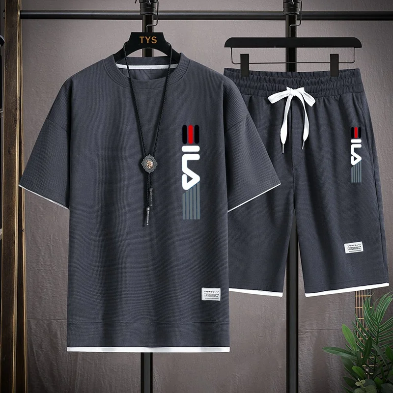 2024 New Summer waffle two-piece suit Mens Set T-Shirts Shorts Sport Suit Jogging Set Men\'s Tracksuit Casual Streetwear Male Set