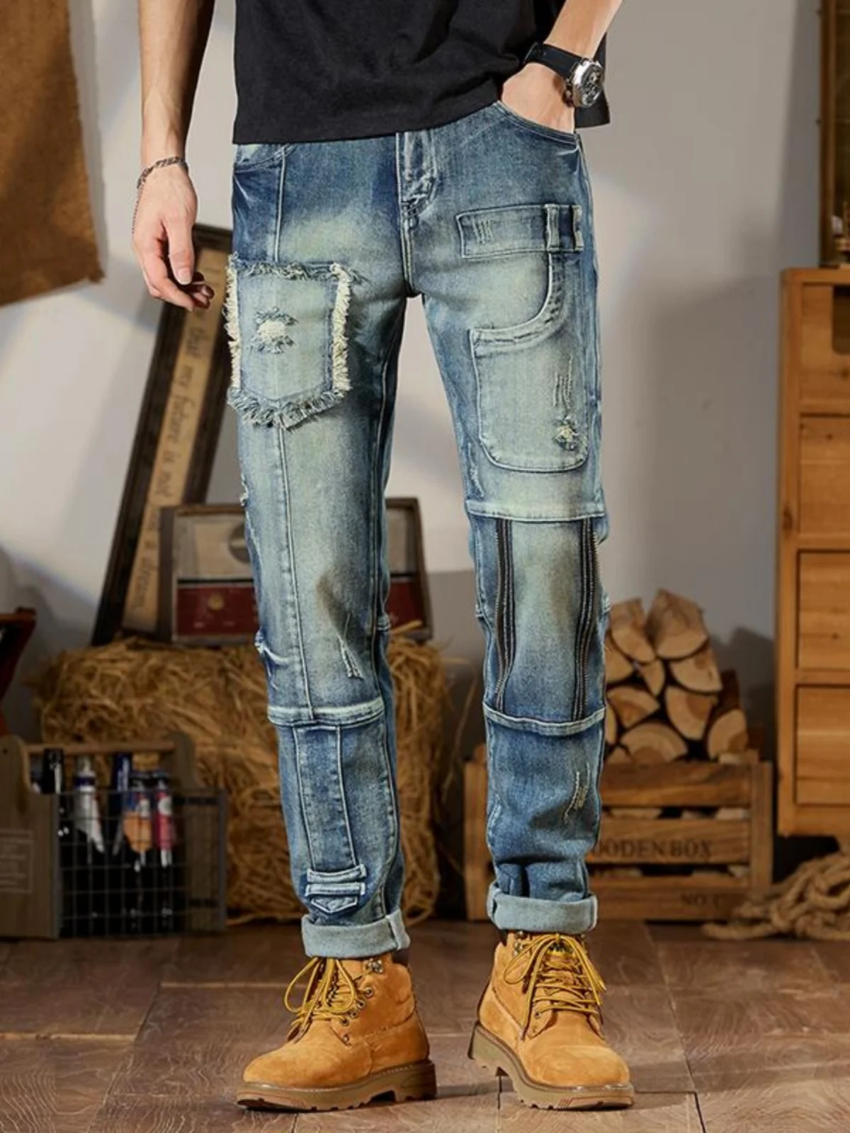 

Retro Patchwork Men's Jeans Casual Versatile Slim Fit Cotton Stretch Denim mid Waist Zipper Closure Faionable Urban Sle