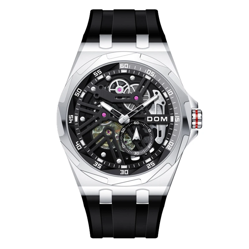 DOM Men Skeleton Automatic Mechanical Watch Black Rubber Strap Sport Racing Stainless Steel Male Casual Wristwatch M-1688L-1M7