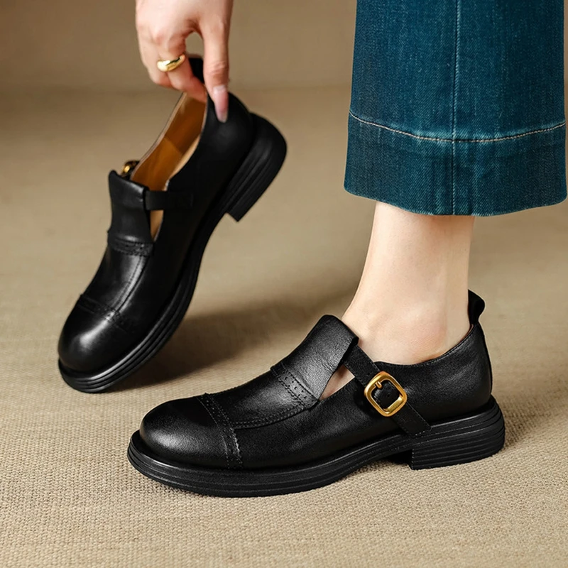 NEW Autumn/Spring Women Loafers Genuine Leather Shoes for Women Round Toe Chunky Heel Shoes Belt Buckle Women Pumps Daily Shoes