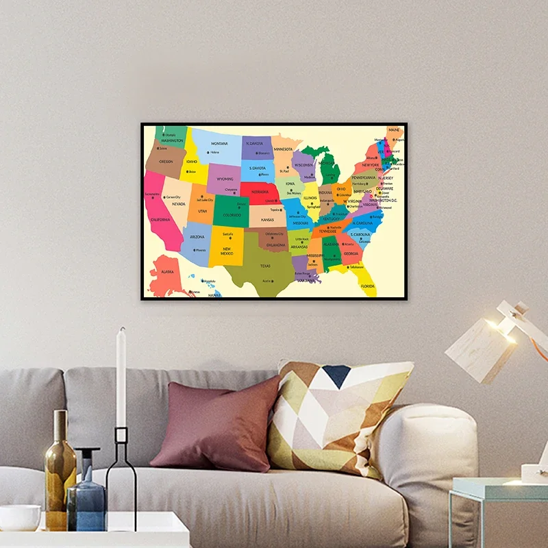 

90*60cm The United State Map In English Wall Art Poster and Print Canvas Painting Living Room Home Decoration Classroom Supplies