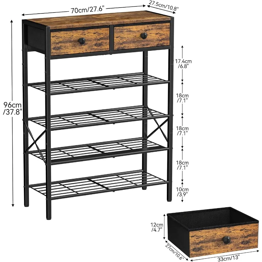 현관용 5단 신발장, 부직포 서랍 2개 포함, 16-20켤레 신발 수납 가능, 나무 상판 및 철제 프레임