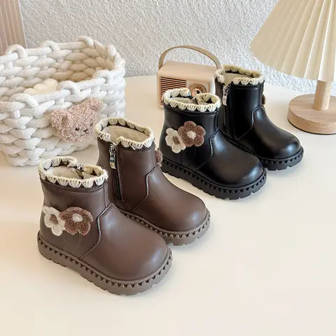 Kids' Cute Flower Decor Fleece Lined Winter Boots Warm Thickened Cotton Snow Boots Children's Side Zipper Footwear