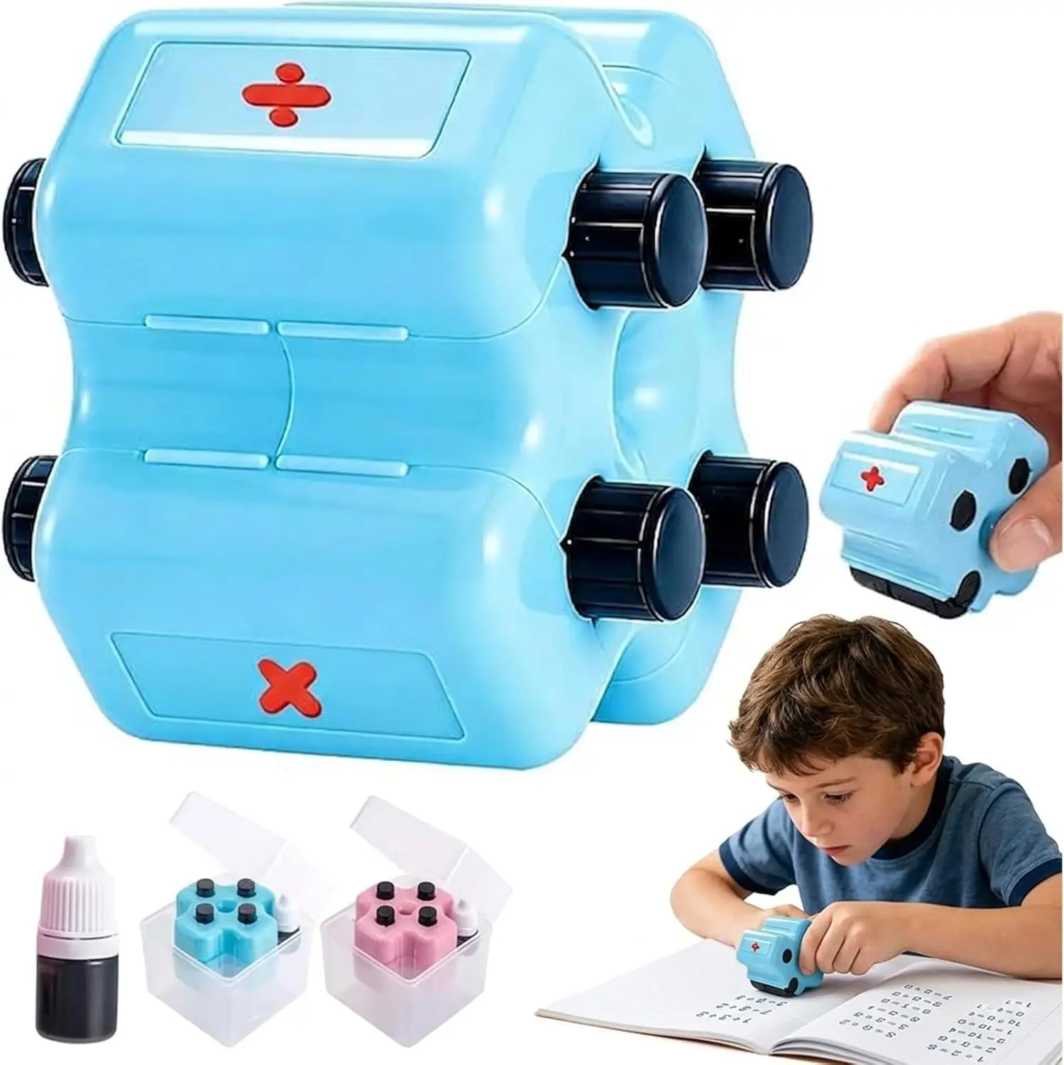 Reusable 4-in-1 Math Roller Stamp Set with Ink, Random Addition, Subtraction, Multiplication, and Division Practice Tool