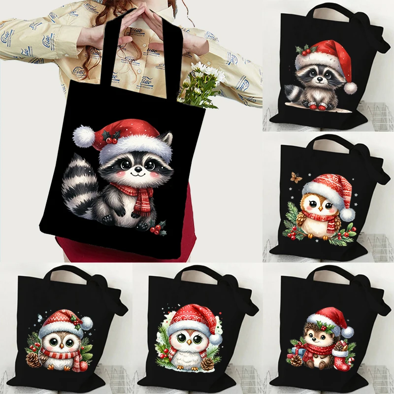 Fashion Christmas Animal Print Canvas Shopping Bag Women Reusable Cartoon Raccoon Hedgehog Owl Elk Fox Student Shoulder Handbag