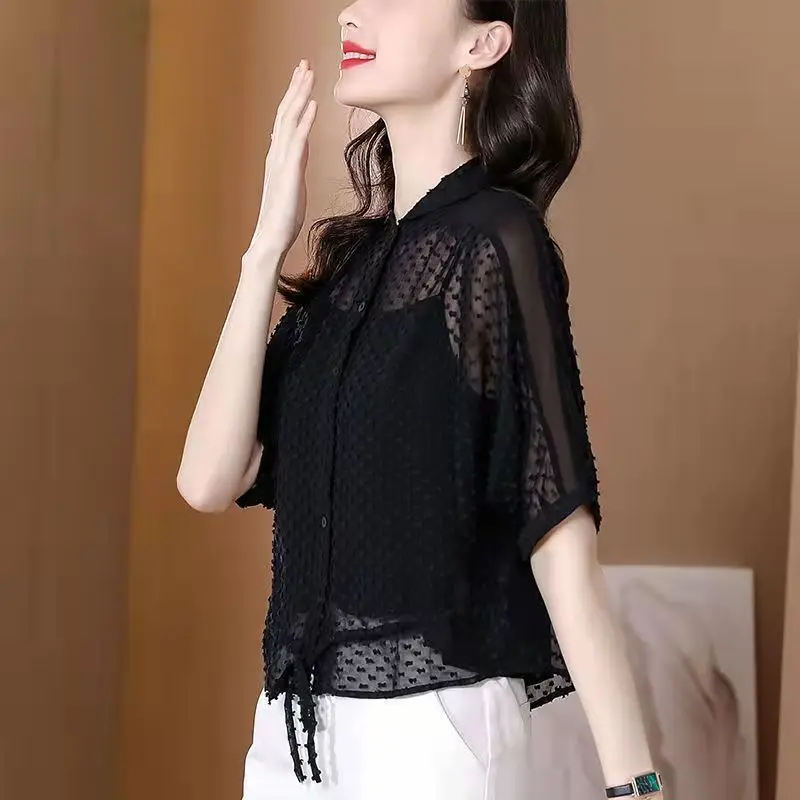 Fashion Loose Gauze Shirt Women Camisole Two Piece Set Spring Summer Half Sleeves Vintage Black Cardigan Women\'s Elegant Blouses