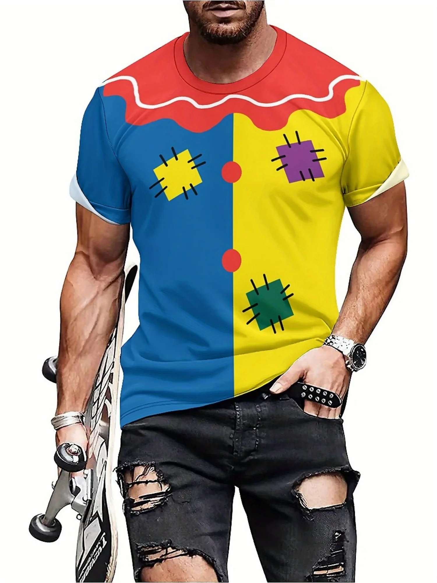 This 3D Print T-Shirt Features a Creative Clown Design with a Colorful Pattern, Complete with a Fake Bow Tie