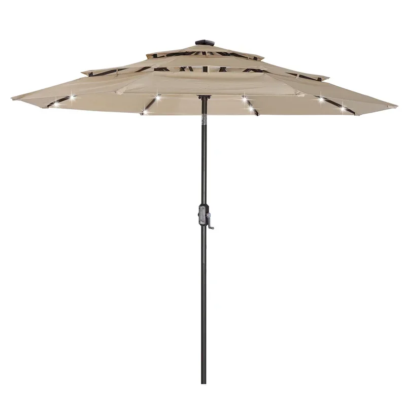 3 Tiers 8 Ribs Outdoor Umbrella Patio Table Umbrella with 32 LED Lights&Push Button Tilt Crank Beige