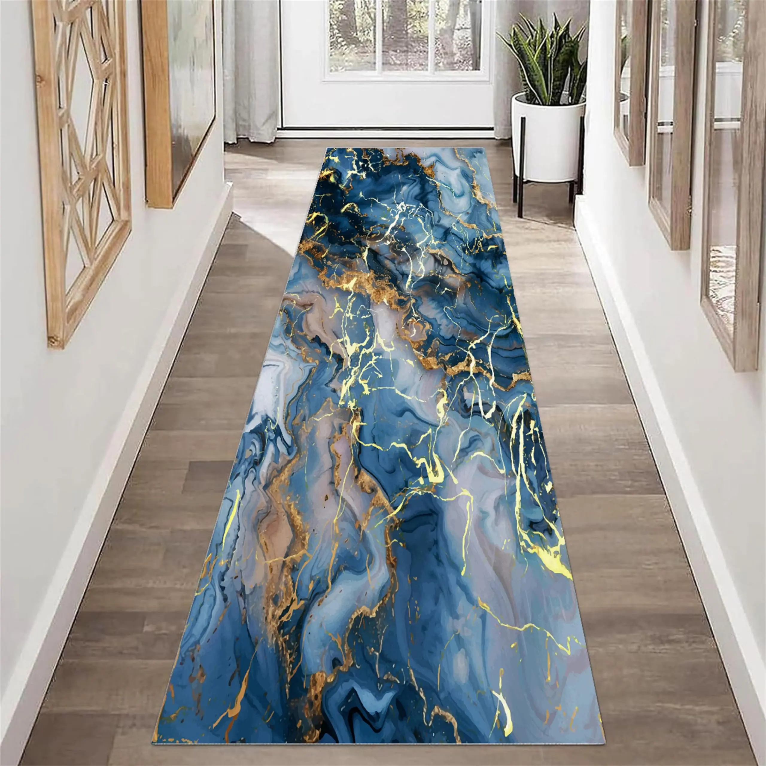Vintage Baroque Runner Carpet Black Gold Area Rug Anti Slip Agate Waves Design Living Room Hallway Entrance Floor Mat