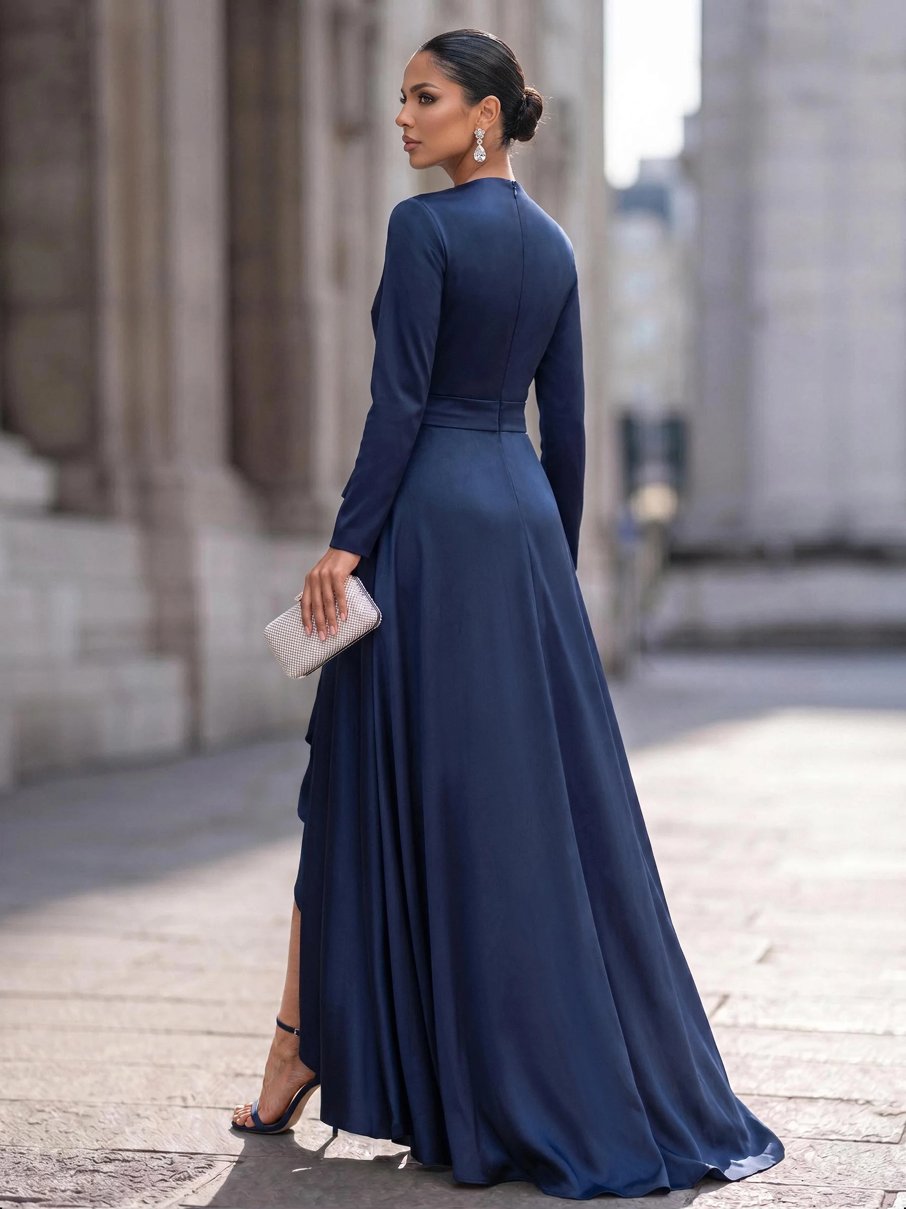 Modest Satin Evening Gown Long Sleeve Wrap V Neck Self Tie Waist High Low Hem Dubai Muslim Formal Party Dress For Wedding Guest