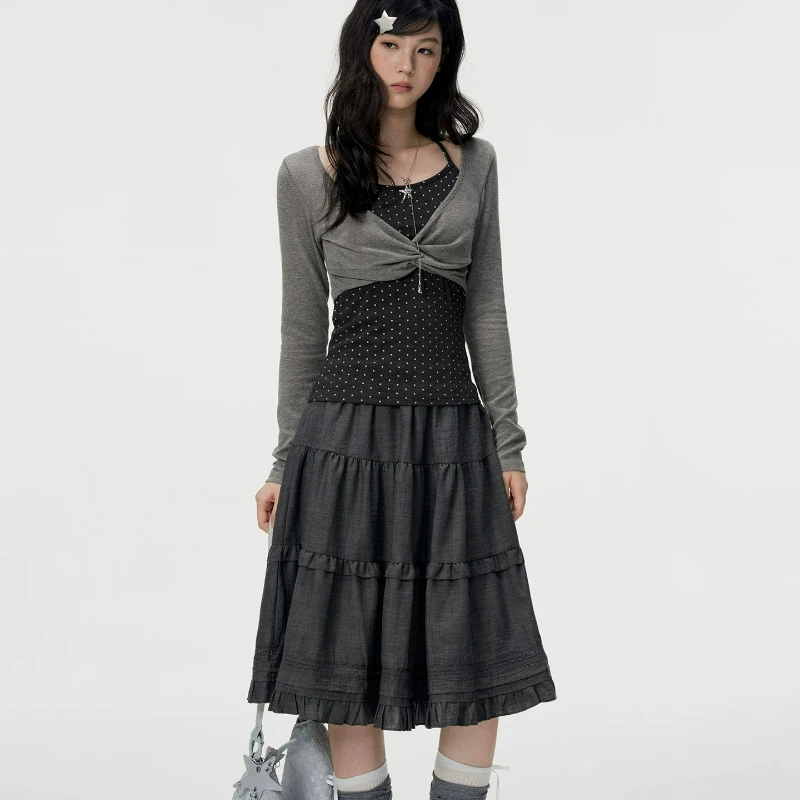 Japanese Design Gray Women's A-line Skirt 2026 Autumn New Sweet Cool Y2k Girl Loose Slimming Versatile Five-point Skirts Ladies