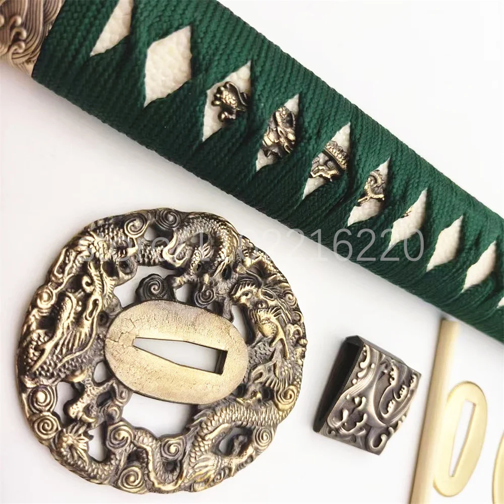 A Set Green Handle Real Rayskin Tsuka Brass Dragon Handguard Tsuba Habaki Seppa For Japanese Samurai Katana Tachi Sword Fittings