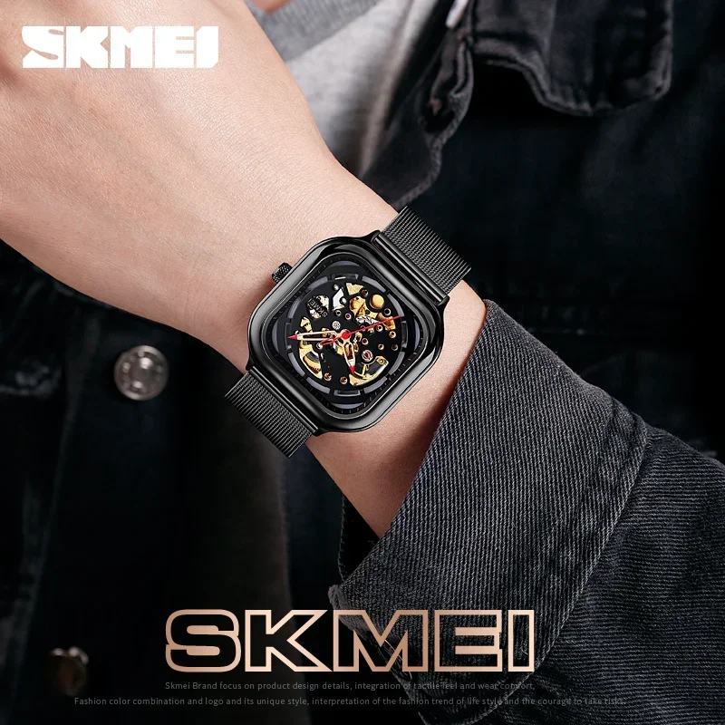 Skmei 9184 Men Automatic Watch Quartz Waterproof Hollow Art Strainless Steel Strap Montre Homme Clock Fashion Mechanical Watch