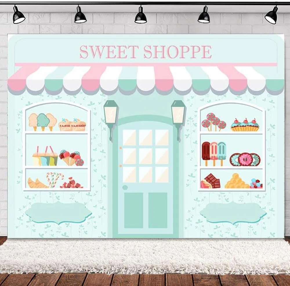 

Sweet Shoppe Photography Backdrop Dessert Parlor For Girl Birthday Background Kids Party Baby Shower Donut Ice Cream Cake Table