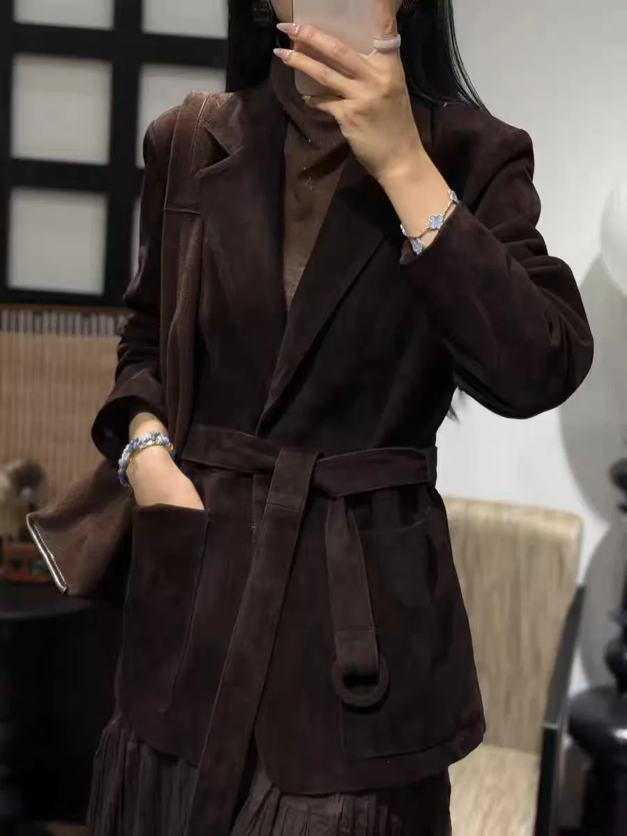 Elegant High-end Kid Suede Leather Jacket for Woman Auburn Square Neck Single Breasted Long Coat with Waistband Female Outwears