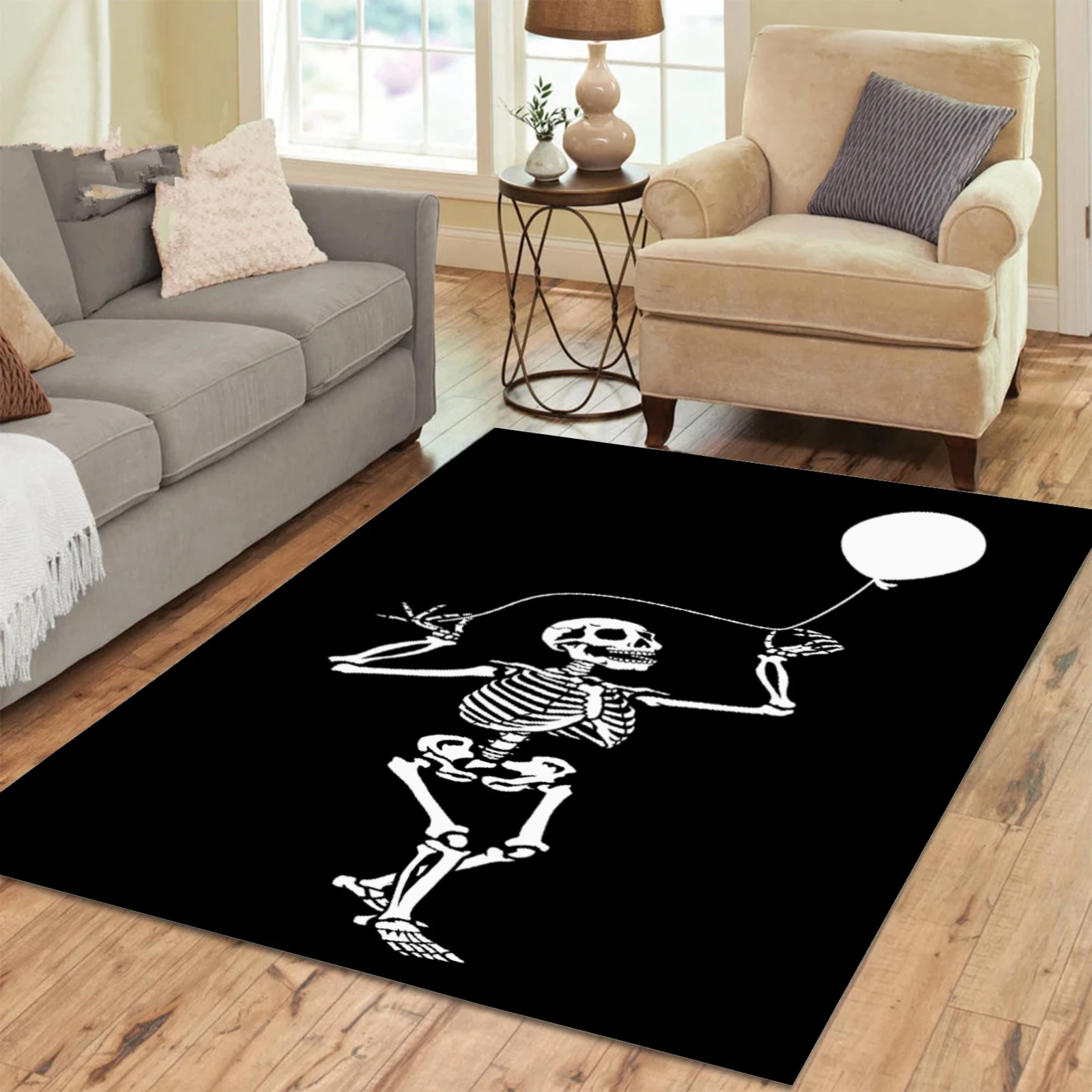 

1pc Black Carpet Skull Skeleton Print Living Room Bedroom Decor Non-slip Rug Floor Mat Surface Comfortable Carpet Halloween Gift