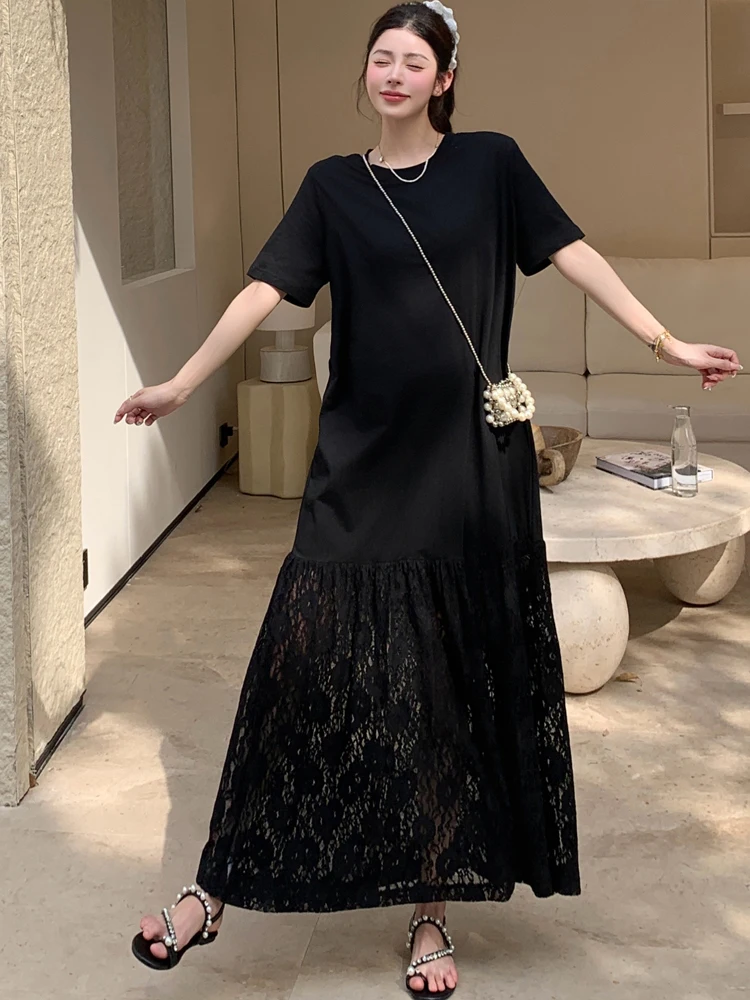 NYFS 2025 الكورية نمط المرأة فستان صيفي فضفاض حجم كبير كم قصير المرقعة هيم الدانتيل فستان طويل رداء Elbise