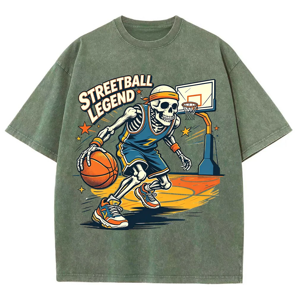 Men Streetball Legend Skeleton T Shirt Vintage Washed Cotton Basketball Graphic Oversized Short Sleeve Dark Grey Tops