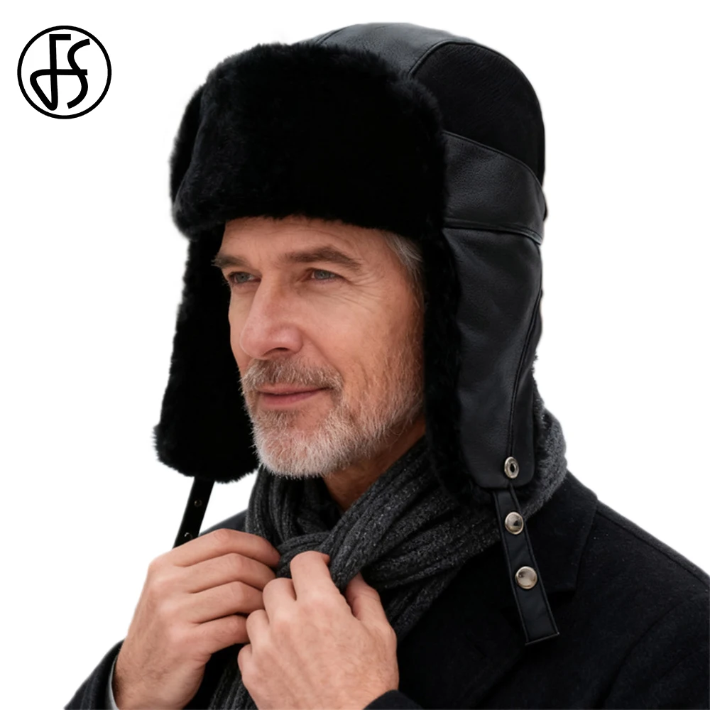 

Зимняя шапка-ушанка FS из черной искусственной кожи для мужчин и женщин, теплая, с плюшевой подкладкой, ветрозащитная, для активного отдыха, спорта и велоспорта