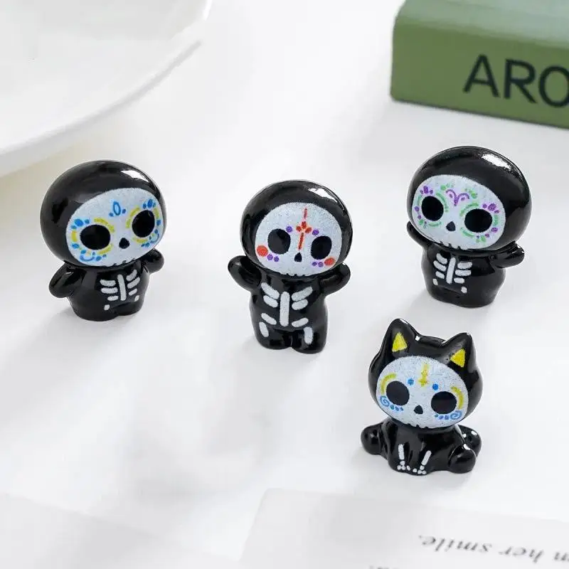 6Pcs Adorable Cartoon Mini Resin Sugar Skull Statues for Halloween Party Living Room Table Decor Creative Gifts