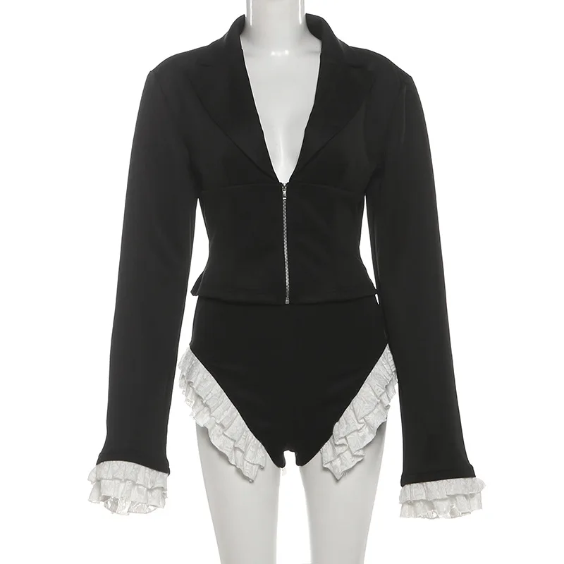 Ruffles Patchwork Elegant Women 2 Piece Set Notched Collar Long Sleeve Zipper Blazer Coat Tops + Shorts Casual Streetwear Suits