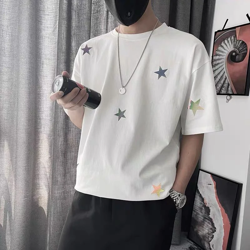 

Cotton Summer Star Print Short Sleeve Men Sweatshirt Fashion Trend Personality Harajuku Casual 2xl Oversized T Shirt Black White