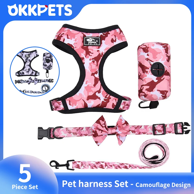 OKKPETS Camo Pet Dog Harness 5 Piece Set With Collar Leash Bow Tie Poop Bag Adjustable Puppy Comfortable No Pull Dog Accessories