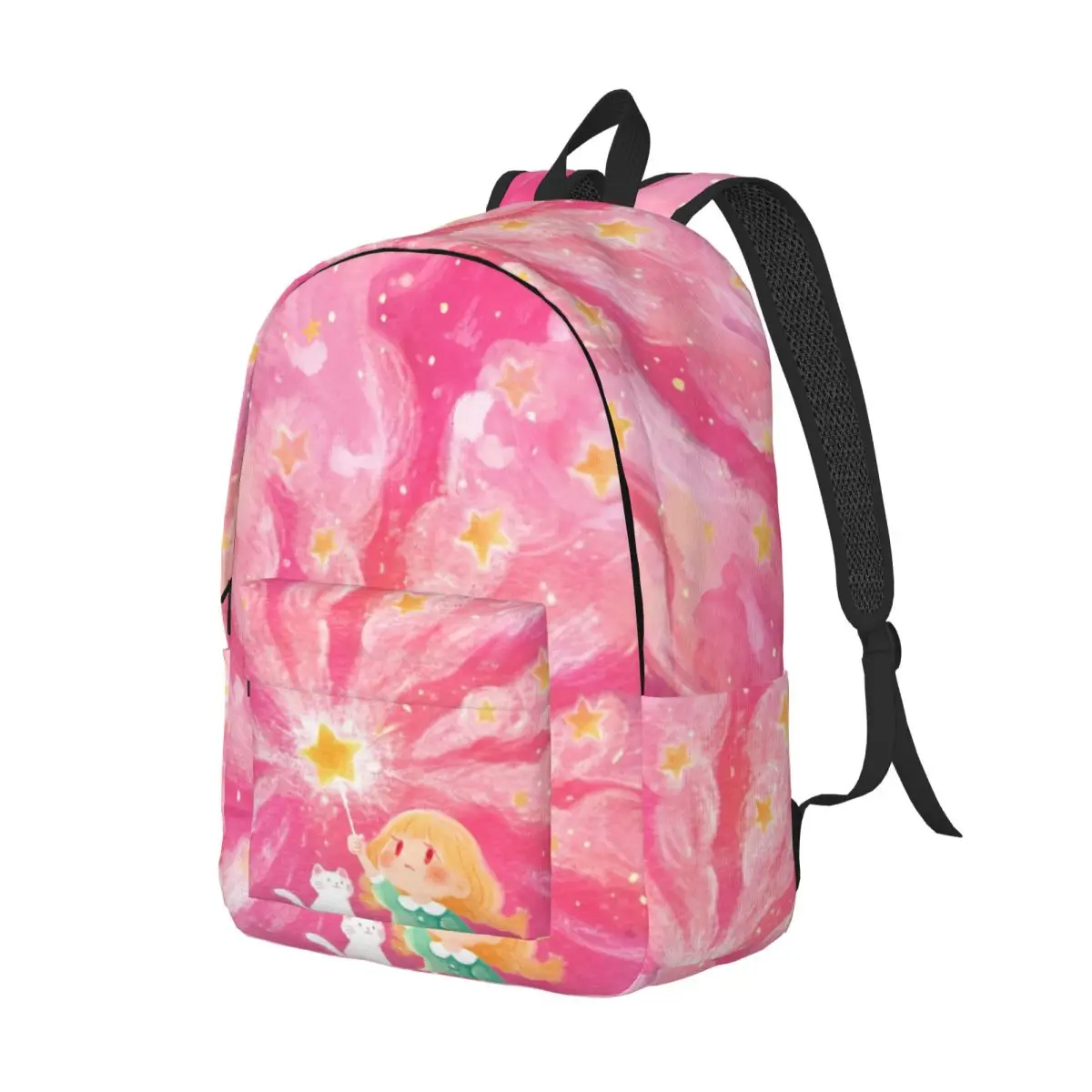 Cartoon Animal School Backpack Center Girl Cat Whimsical Illustration Pink Multi Color Fashion Daypack for College Travel Gift