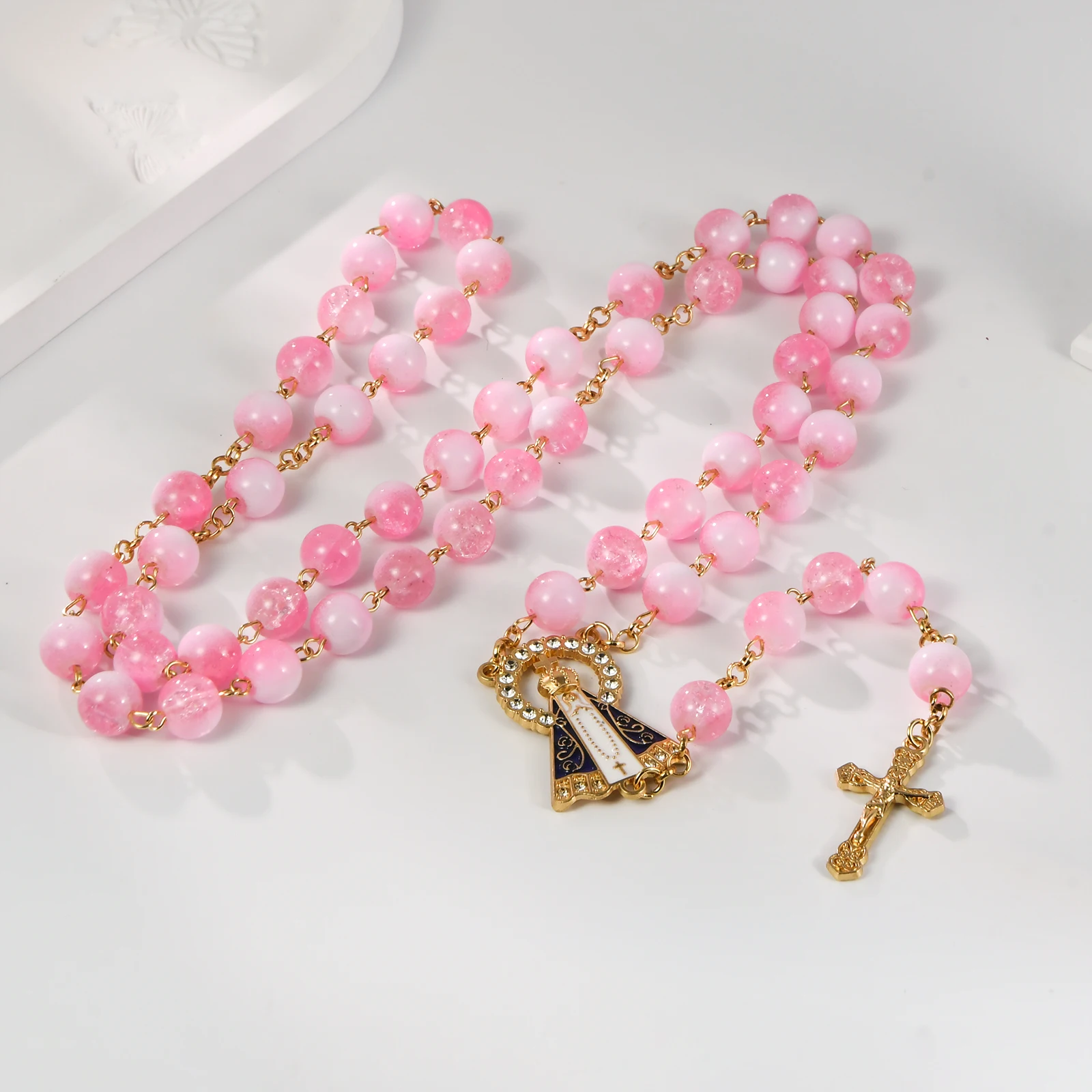 Handmade Pink Rosary Necklace – Long Sweater Chain with Decorative Crucifix, Catholic Prayer Jewelry Gift for Women