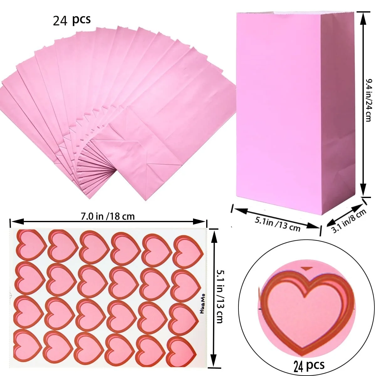 Self Stand Party Favor Paper Bags with Stickers for Party Celebration, Treated Paper Bags, Pink, 5.10X3.10X9.4 inches(24CT)