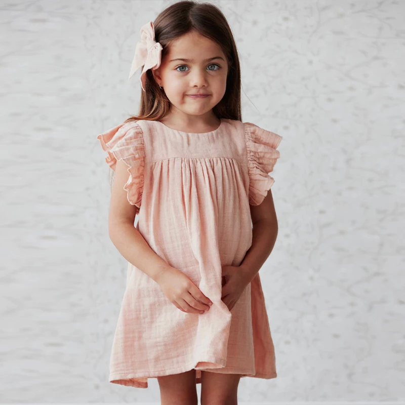 100% Cotton Double Layer Gauze Girls Ruffled Sleeved Dress 2024 Summer New Baby Girl Ruched Loose Sweet Princess Doll Dresses