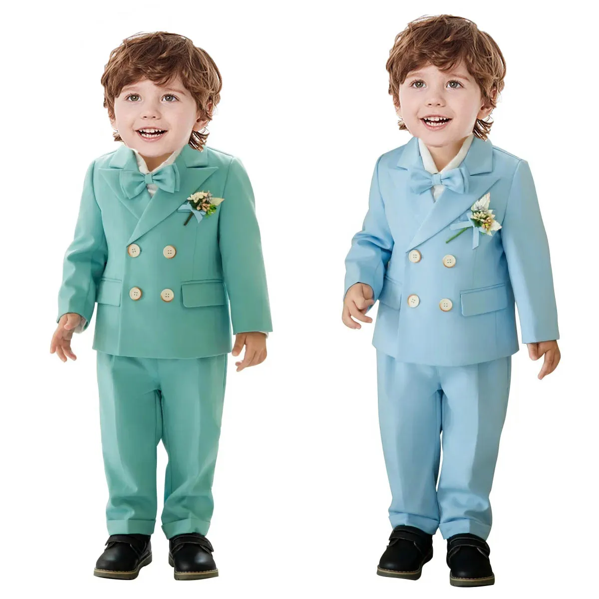 Kids Sky Blue Party Photography Suit Children Wedding Tuxedo Dress Boys Jacket Vest Pant Flower Bowtie 4PCS Ceremony Costume