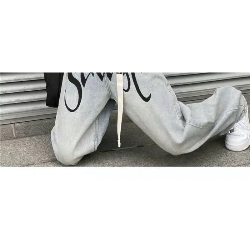 American High Street Retro Letter Printed Button Zipper High Waist Loose Straight Jeans Women's Wide Leg Trousers