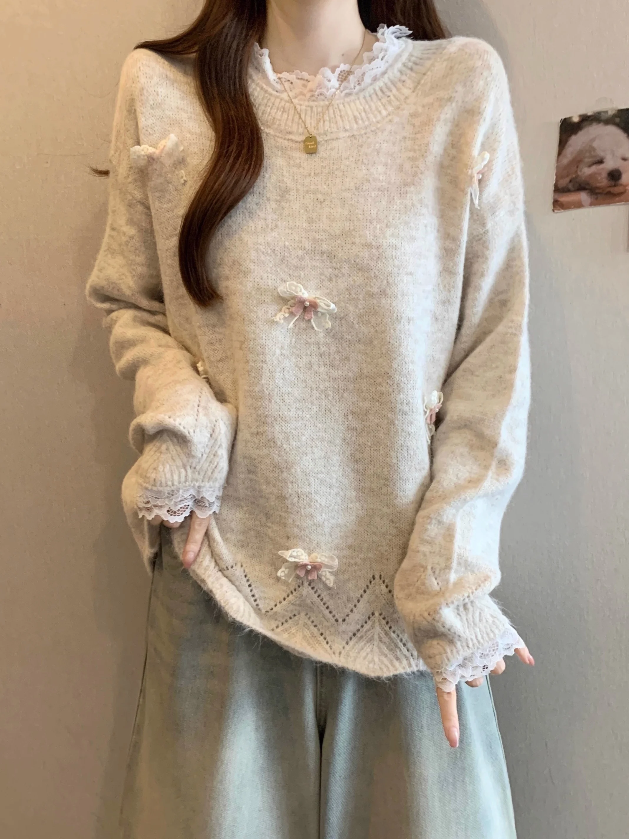 

Ele кружевной вязаный длинный свитер свека для женщин, зимний зимний свитер больших размеров, красивый топ с узлом из бисера для поездок на работу