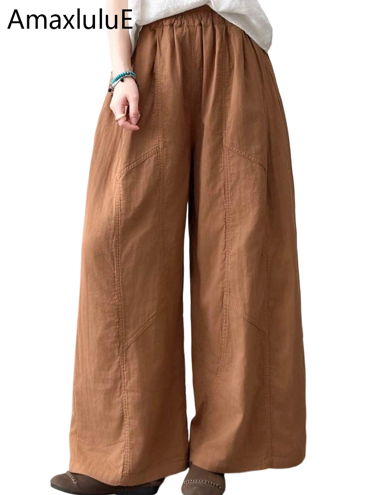 

Amax LuluE корейский дизайн женские весенние модные широкие брюки женские классические хлопковые льняные однотонные брюки с эластичной резинкой на талии для отдыха